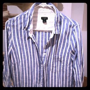J Crew Blue & White Striped Linen Button Down Top